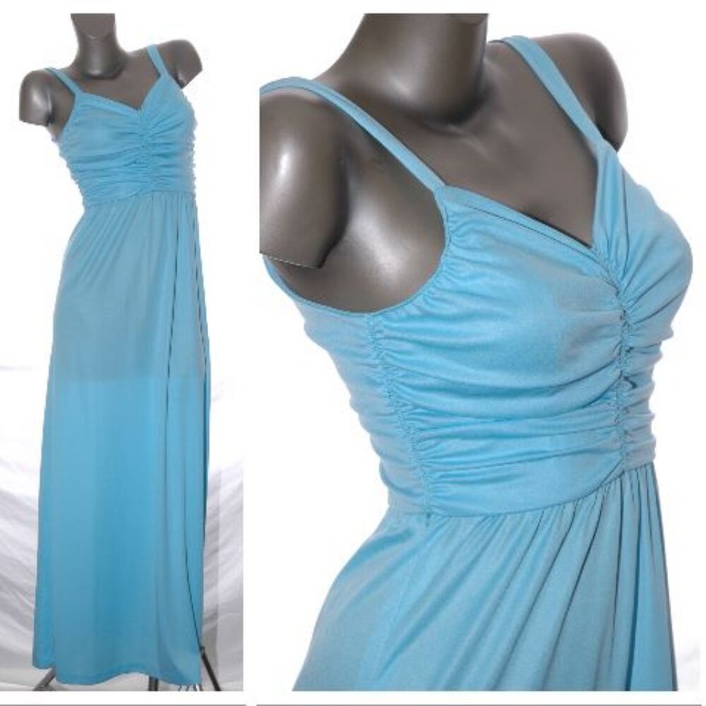 Strappy MAXI Dress Ruched Sundress Vintage 70s 80s Summer Party Blue  XS-S